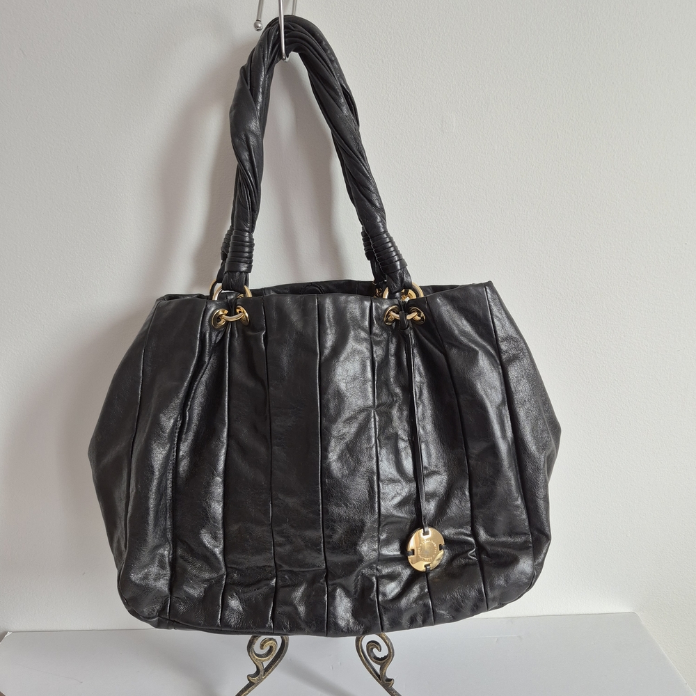 Donald J Pliner Black Leather Shoulder Bag, Braided Handles, Slouchy & Spacious